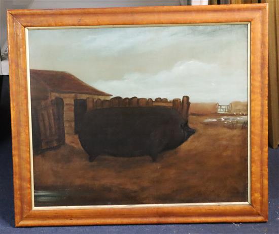 19th century English Primitive School Prize pig in a farmyard 19 x 23in.